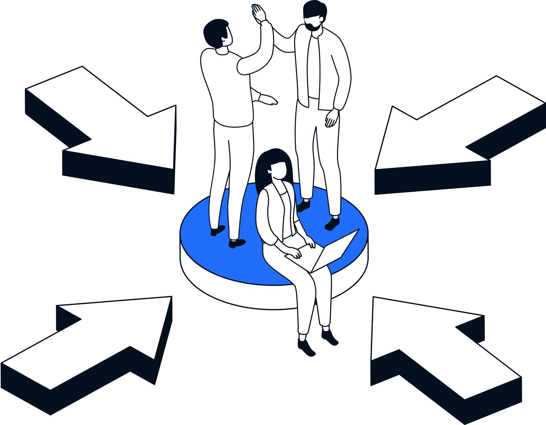 Illustration von drei Personen im Mittelpunkt zur Darstellung einer kundenzentrierten Unternehmenskultur zur Stärkung der Customer Experience.